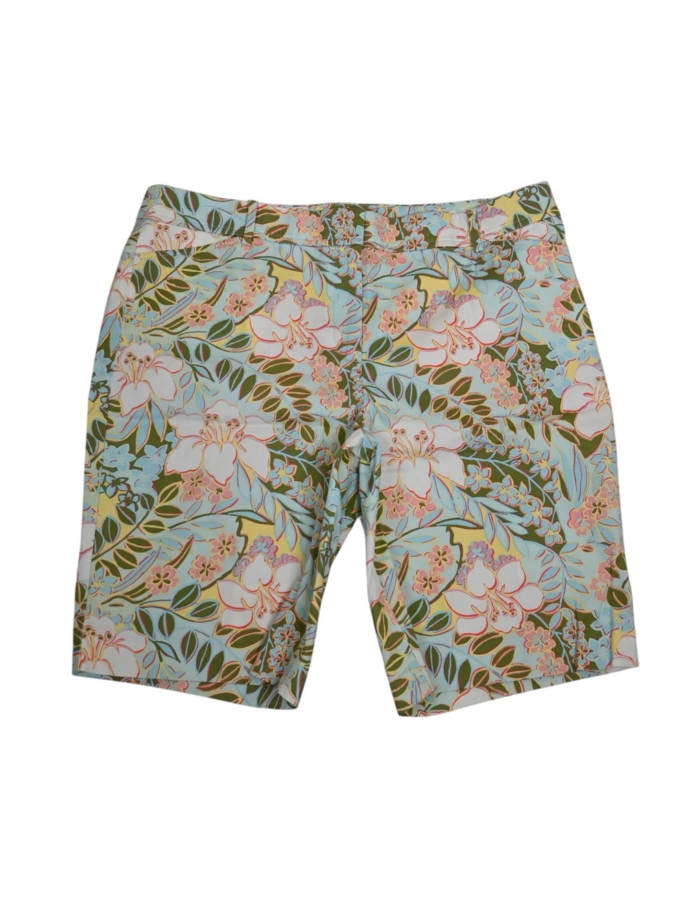 Talbots Women's 14 Aqua Hibiscus Floral Print Bermuda Perfect Short